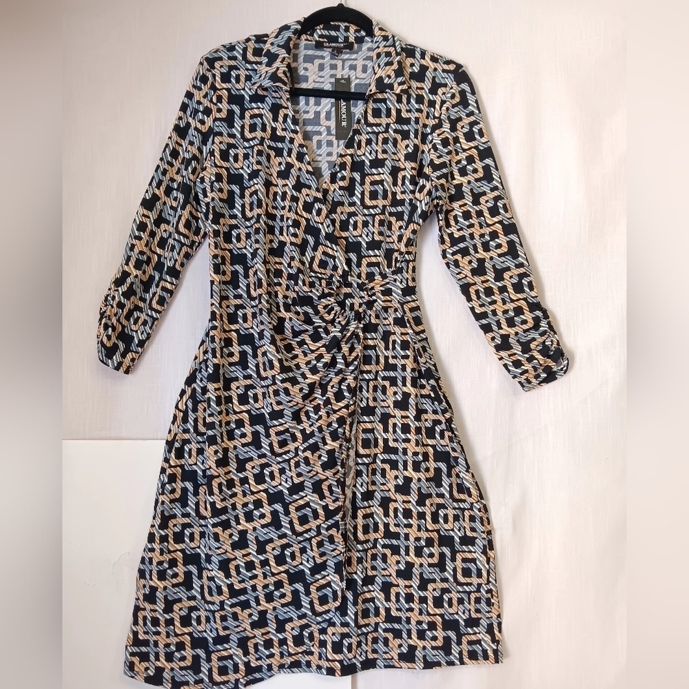 Dress Glamour, Faux wrap Dress geometric, Full stretch, Business,Formal,sz 6. - Picture 3 of 17